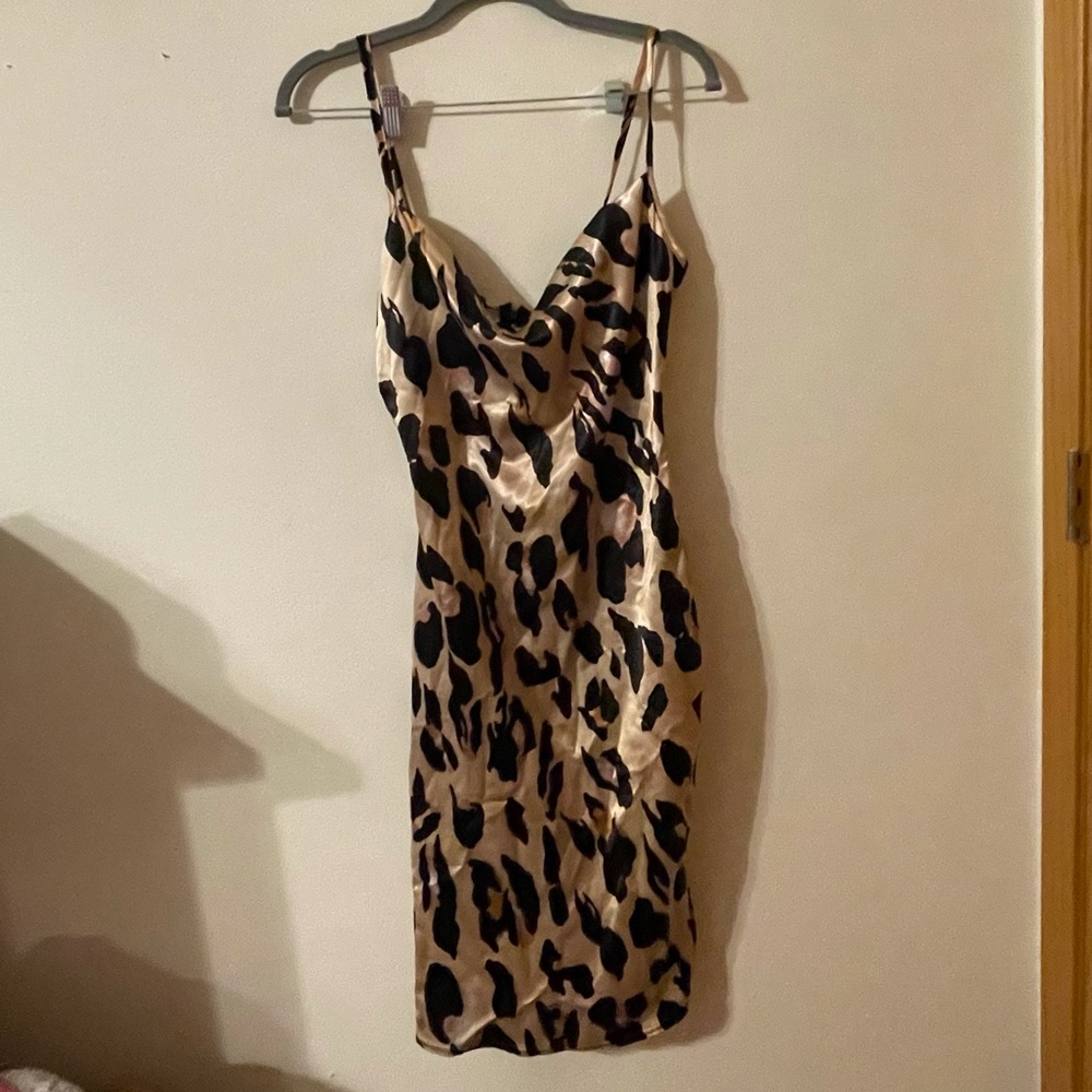 Cheetah Cowl Neck Satin Midi Dress